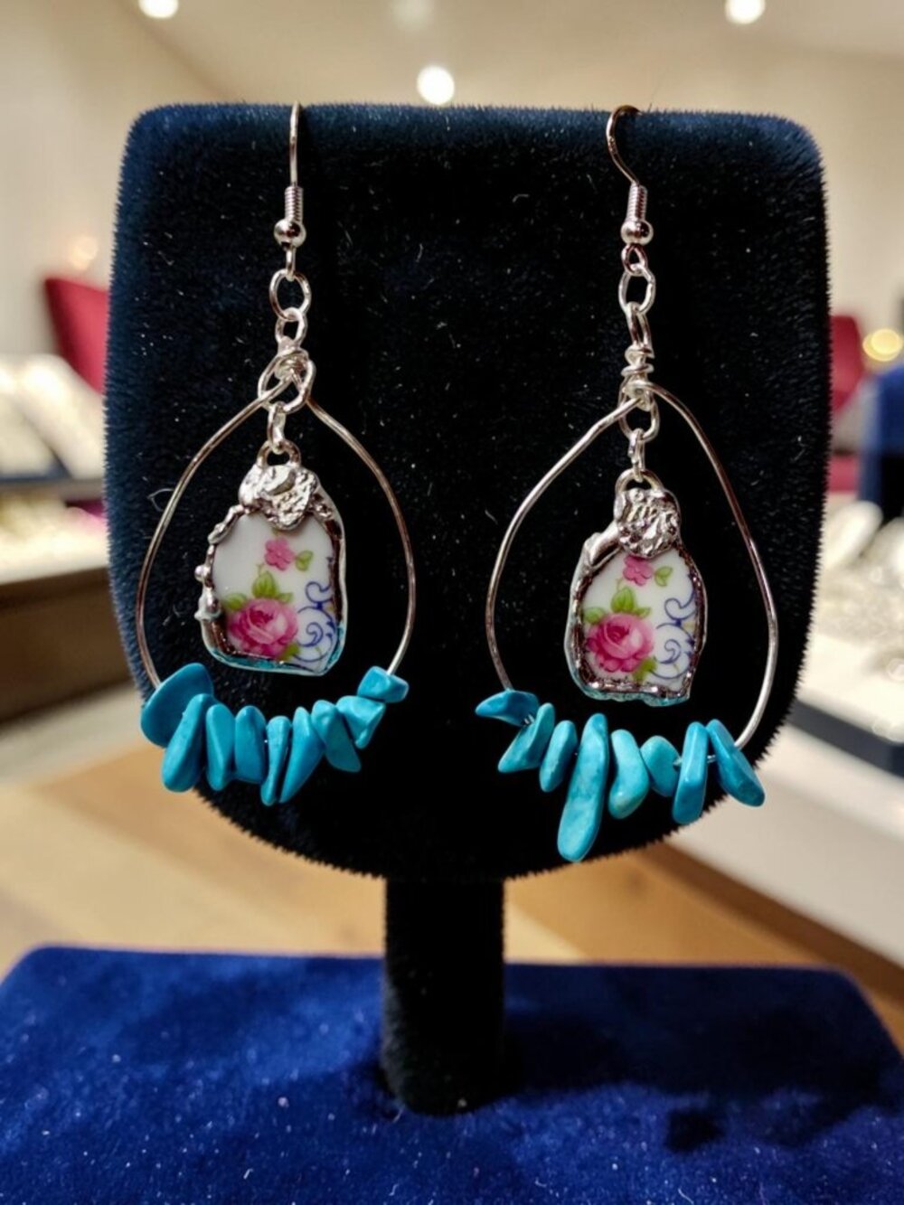 Bavaria Franklin 4177 Rose China Earrings - Genuine Turquoise Accents Handmade - Picture 4 of 7